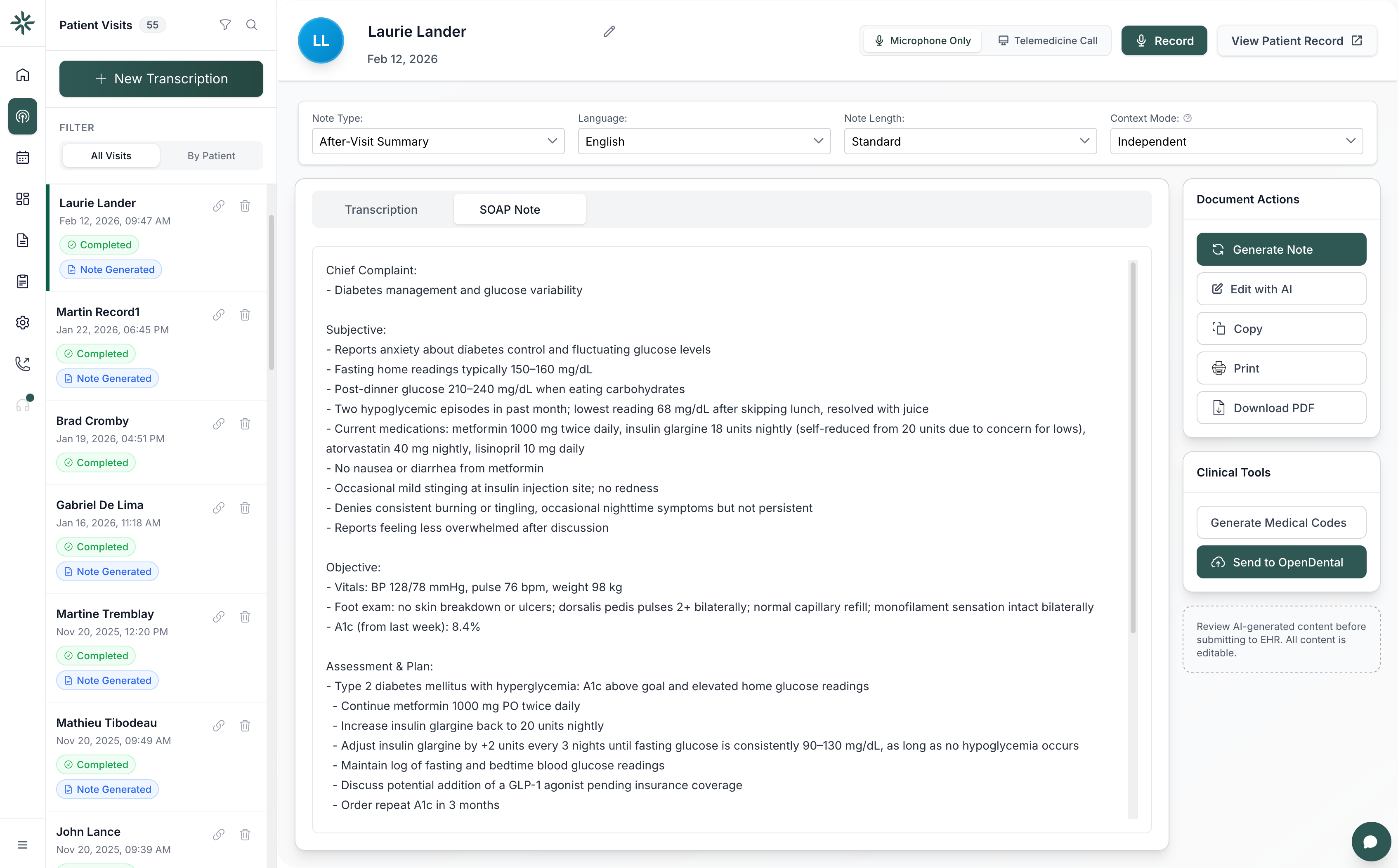Structured clinical note generated from encounter