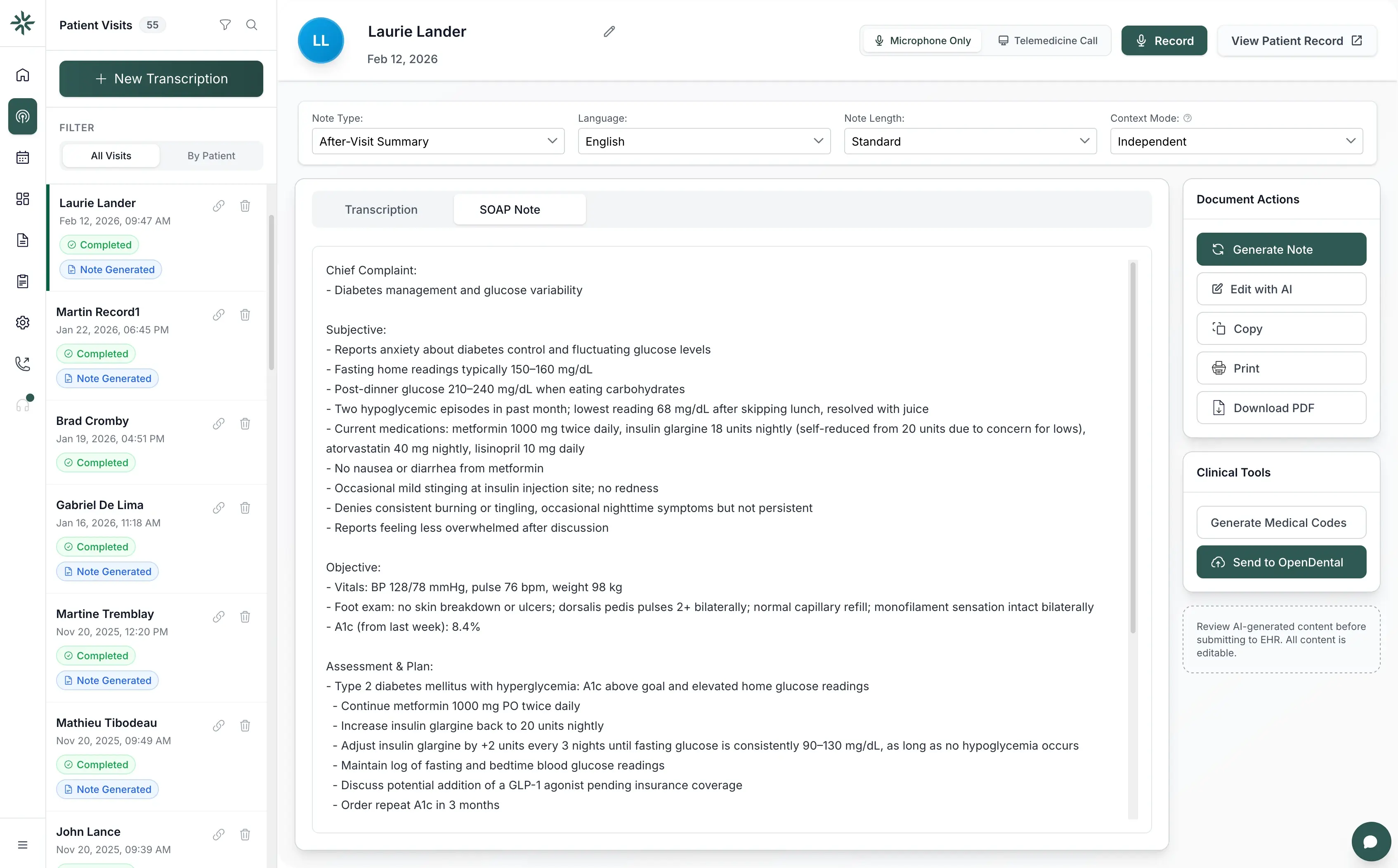 Structured clinical note generated from encounter