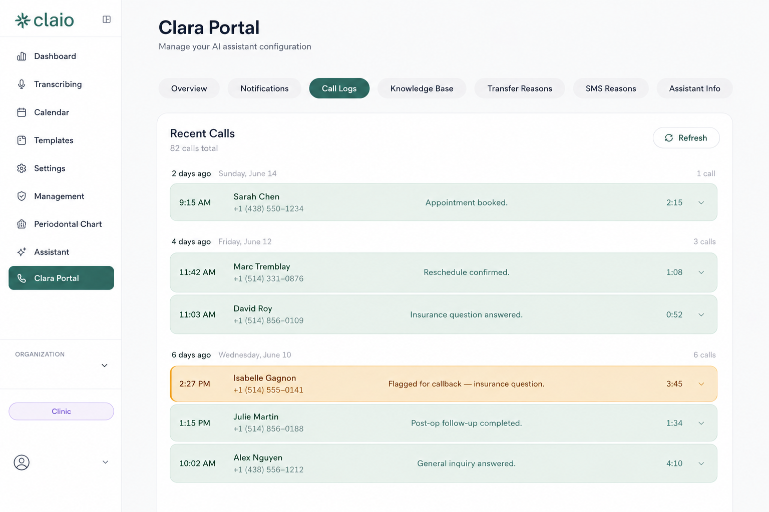 A dentist viewing the Clara Portal call-logs screen