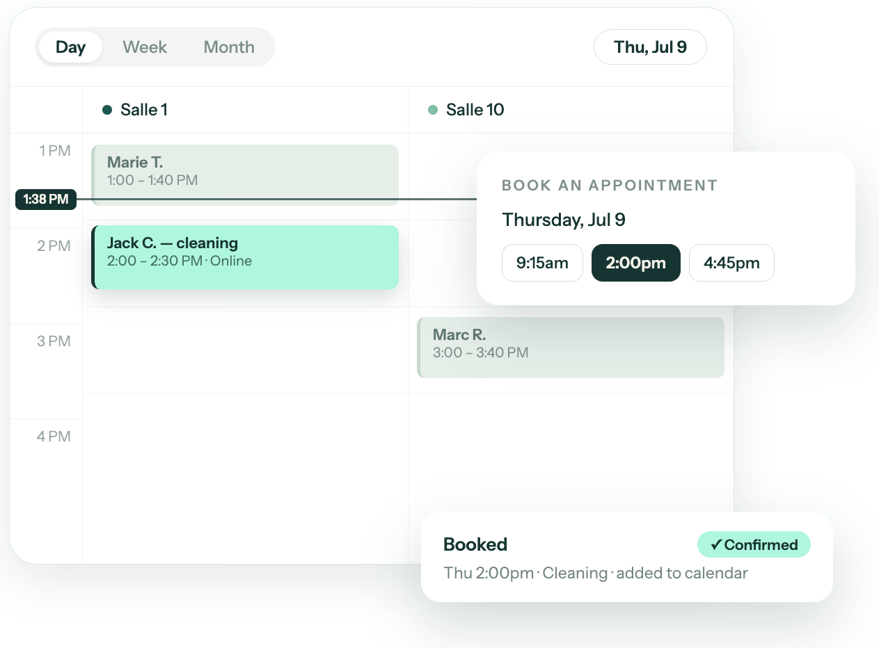 Claio online booking — patient picks a real opening from the day's schedule, the appointment lands on the calendar, booking confirmed