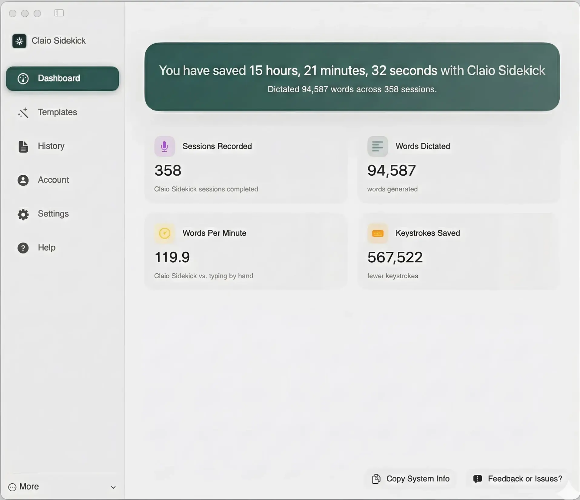 Claio Sidekick dashboard showing sessions recorded, words dictated, and keystrokes saved