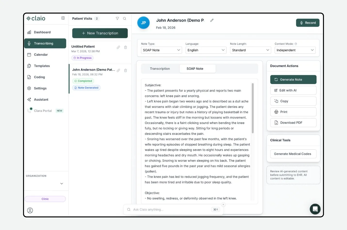 Claio AI note editing interface showing ICD-10 code suggestions
